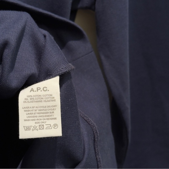 A.P.C. Navy Crewneck Sweatshirt w/ Brown Leather Elbow Patches Minimalist XL - Picture 4 of 8